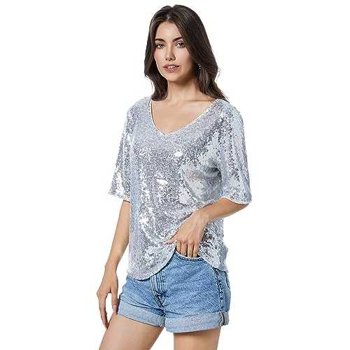 Women’s Sequin Tops Glitter V Neck Loose Summer Shirt Half Sleeve Sparkly Disco Party Plus Size Tunic Blouses