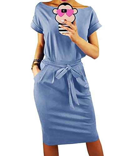 Women’s Elegant Long Lantern Sleeve Short Dress Crewneck Tie Waist Knit Cocktail Dress