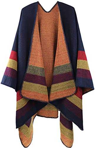 Shmily Girl - Womens Reversible Oversized Poncho Cape Blanket Shawl Cardigans (One Size, Stripe/Navy Blue)