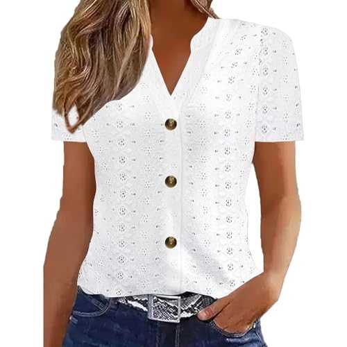 Womens Tops UK Sale, Causal Breathable V Neck Short Sleeve Blouses Elegant Eyelet Embroidery T-Shirt Women's Summer Tops Comfort Button Down Going Out Top Slimming Fit Top Vintage Tshirts