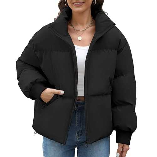 HEEKPEK Womens Cropped Puffer Jacket Winter Coats Puffy Zip Up Stand Collar Warm Quilted Jackets Short Down Baggy Outwear