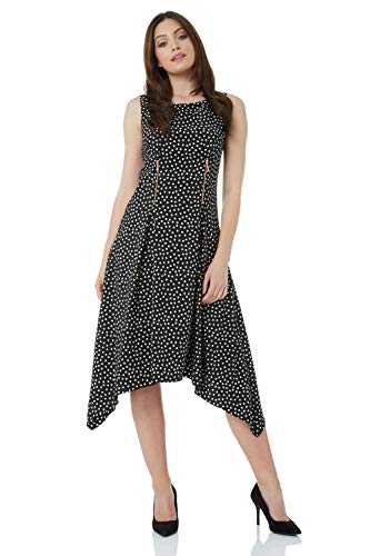 Roman Originals Women Spot Print Dipped Hem Dress - Ladies Sleeveless Midi Length Skater Fit and Flare Smart Office Chic Sophisticated Asymmetric Work Dresses - Black - Size 10