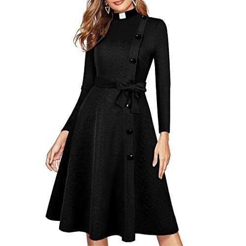 FAD-4U Church Clergy Dress for Women Spring/Autumn Long Sleeve Rows Buttons A Line Dress with Tab Collar and Belt