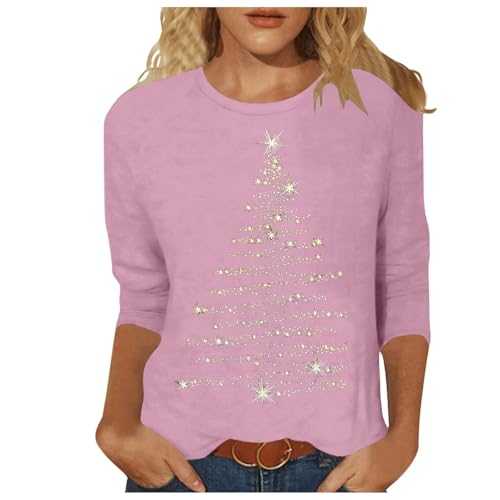 Women's Two Piece Christmas Shirt for Women Glitter Christmas Tree Print Quarter Sleeve Top Crew Neck Pullover Tunic Top Women Tops Summer Off Shoulder
