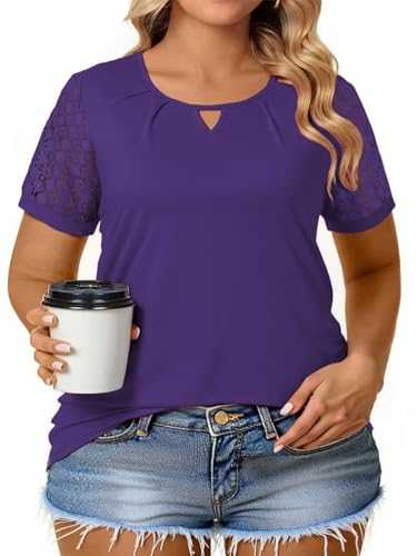VISLILY Womens-Plus-Size-Summer-Tops Dressy Lace Short Sleeve T Shirts Casual Keyhole Crewneck Blouses Trendy Pleated Tunics