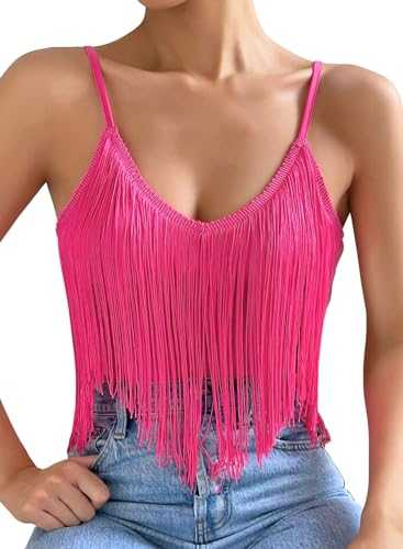 Womens Fringe Tank Top - Rave Festival Cowgirl Outfit Sexy Spaghetti Straps Cami Tops Solid Tassel Sleeveless Camisole V Neck Shirts Ladies Summer Vests Fancy Dress Costume