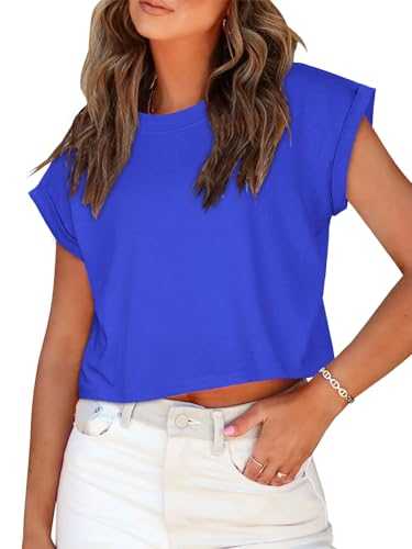 Summer Short Sleeve Crop Tops Womens Crewneck Roll Cap Sleeve T Shirts Loose Fit Basic Tees