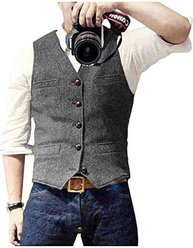 HSLS Men's Suit Vest Slim Fit Wool Dress Waistcoat Tweed V Neck for Groomsmen(L,Grey)