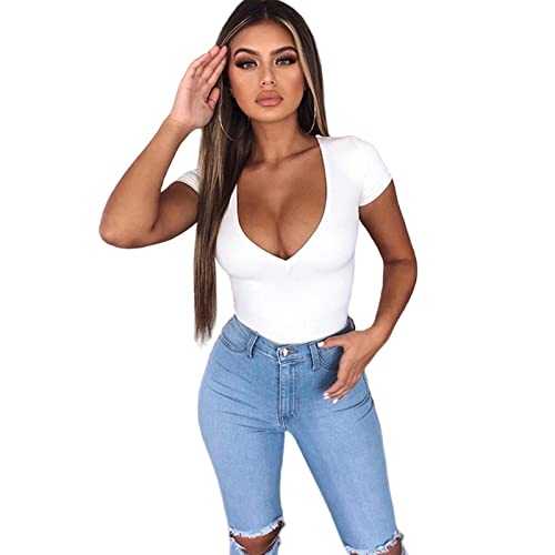 TOBILE Women's Short Sleeve Summer Streetwear Women Top Solid Color Short Sleeve Low-Cut T-Shirts Deep Tops