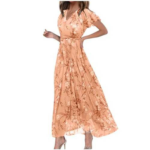 HYEMOZ Chiffon Summer Dress for Women Boho 2024 Floral Print V Neck Maxi Wrap Dress Hawaiian Beach Tropical Flowy Dress