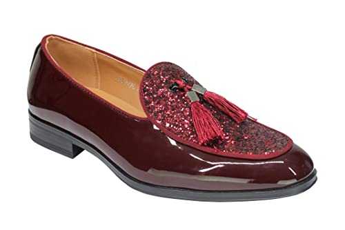 Xposed Mens Retro Glitter Tassel Loafers PU Shiny Patent Leather Slip on Wedding Party Shoes