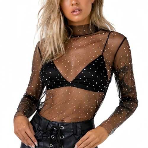 SamHeng Women Sexy Sheer Mesh See Through Tops Long Sleeve Shirt Mock Neck Sparkle Basic Tee Blouse Tops Party Clubwear