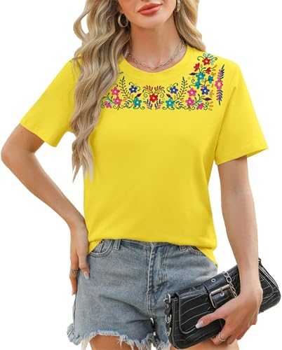 Women Mexican Embroidered Shirt Mexico T-Shirt Cinco De Mayo Tee Fiesta Tops Boho Floral Embroidery Tunic