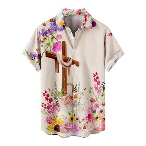 Hawaiian Shirt for Men Easter Print Short Sleeve Casual Button Down Beach Shirts Lightweight Regular Fit Flower Shirt Breathable and Comfortable Aloha Shirts Classic Fit Tropical Beach Shirts