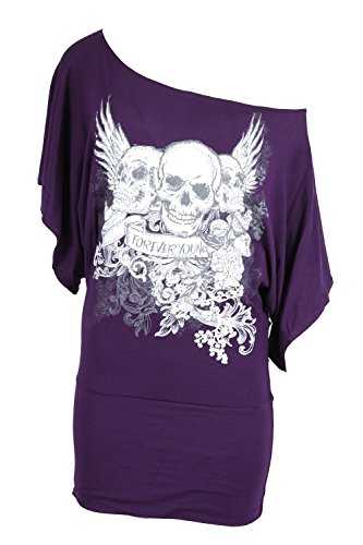 Fashion Star Ladies Stylish Loose Off Shoulder Skull Print Batwing Long Sleeve Top/T-Shirt