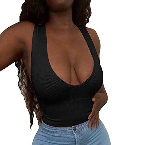 Women's Sexy Slim Tank Top V Collar Sleeveless Top Sexy Solid Color Shirt Ribbed Fashion Ladies Vest Workout Crop Tops for Junior Girls