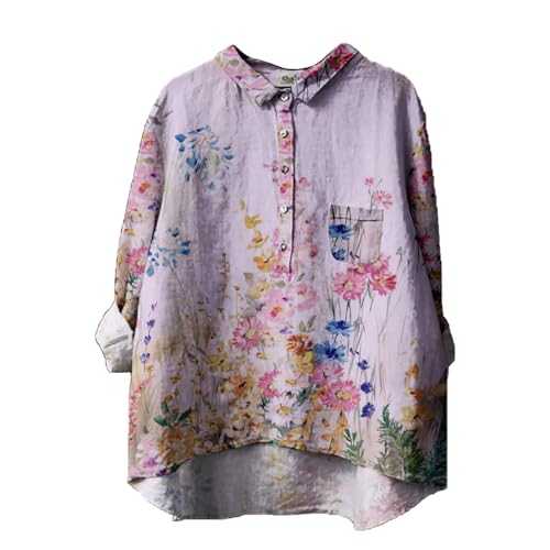 FNKDOR Women's T-Shirt Boho Flower Printed Tee Shirts Linen Cotton Loose Fit Middle Sleeve Tunic Tops Oversized Lapel Neck Button Down Plus Size Ladies Blouse Graphic Outfits