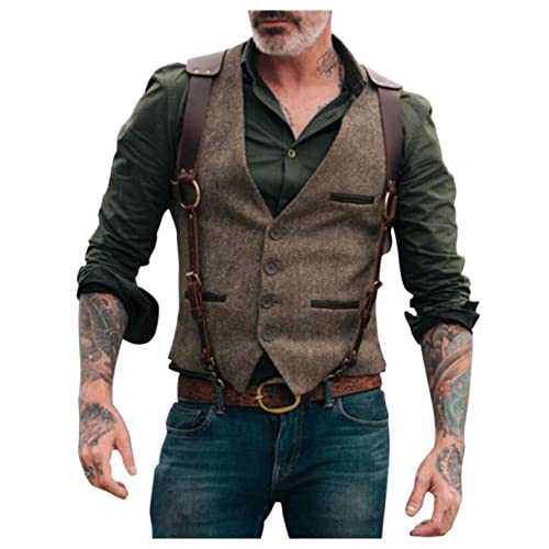 Mens Wool Blend Herringbone Tweed Suede Leather Suit Vests Western Cowboy Slim Fit Grooms Dress Vest Waistcoats, Brown, M