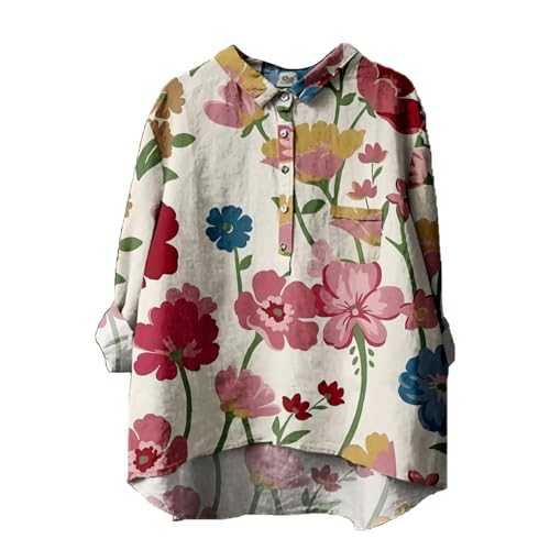 Women's Floral Print Linen T-Shirt Loose Fit T-Shirt Tops Lapel Collar Button Blouses Long Sleeve Casual Tops Glitter Shirt