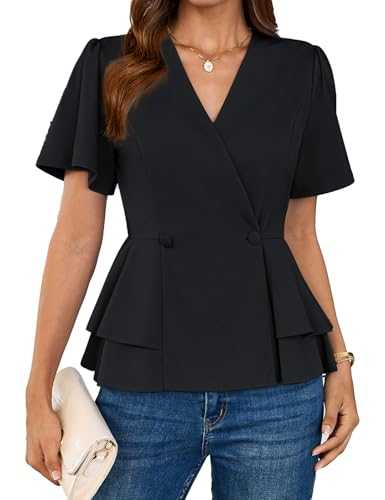 GRACE KARIN Blouses for Women V Neck Elegant Summer Tunic Tops Ruffle Short Sleeve Casual T Shirts Business Office Wrap Blouse