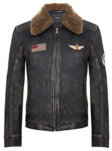 Men's Vintage Distressed Black Leather Bomber Pilot Jacket Flying US Air Force Detachable Collar