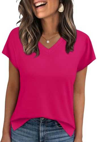 WIHOLL Womens Summer Basic Tops Business Casual Loose Fit V Neck Plain T Shirts Short Sleeve Summer Cute Outfits Dressy Soft Trendy 2025 Fashion Flowy Beach Vacation Clothes White L