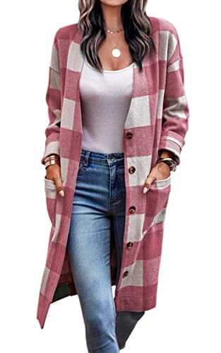 ECOWISH Women's Shacket Jacket - Winter Flannel Plaid Long Sleeve Button Trench Cardigan Coat Casual Outwear
