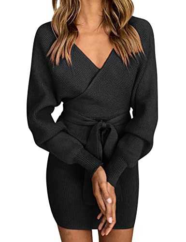 Vancavoo Women's Knit Dress Elegant Sweater Dress V-Neck Jumper Dress Bat Long Sleeve Hip Skirt Ladies Knitted Backless Pullover Dress with Belt Slim Fit Knitwear for Autumn Winter