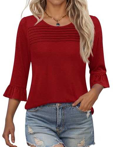 Kistore Womens 3/4 Sleeve Tops Summer Tunic Shirts Casual Dressy Crew Neck Top Printed Pleated Blouses