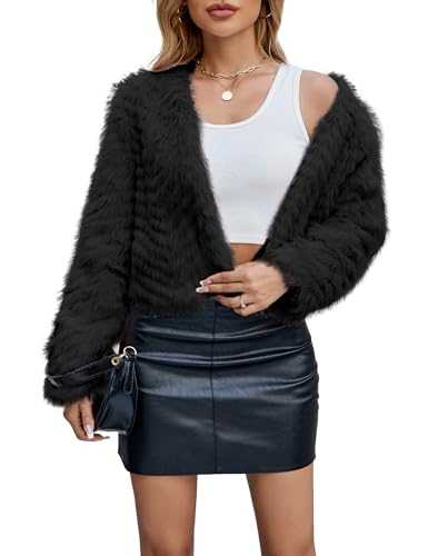 FIOPHY Womens Faux Fur Cropped Coats Fuzzy Winter Jacket Long Sleeve Open Front Cardigan Top Fluffy Warm Outwear with Pockets