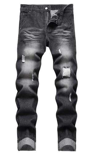HENGAO Men's Straight Fit Stretch Plaid Pants Jeans