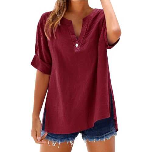 Uwdiohq Women's Cotton and Linen Tops Womens Casual 3/4 Sleeve Henley V-Neck Button Up Pleated Back Blouses Tops Ladies Classic Soild Soft Lightweight Summer 2025 T-Shirts