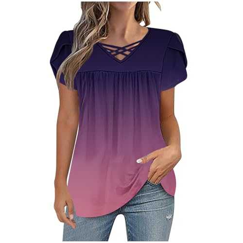 Womens Tops Petal Short Sleeve Shirts V Neck Summer Tunic Tops Ladies Blouses Casual Loose Fit Pullover Gradient Print Tees Shirts Dressy Casual Pleated Tshirt Going Out Top