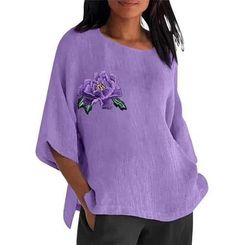 Womens Alzheimers Awareness Linen Shirts 3/4 Sleeve Round Neck Loose T Shirts Elegant Boho Floral Print Pullover Tops Comfy Breathable Side Slit Tee Ladies Summer Daily Wear