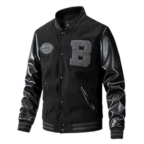 Duohropke Warm Two-Tone Bomber Jacket Men's Winter College Jacket Men's Football College Jacket Men's Oldschool College Jacket Men's College Jacket Men's Leather Sleeve Faux Leather Bomber Jacket