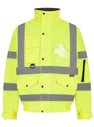 STAR FASHION Hi Vis Bomber Jacket for Men Workwear High Visibility Hi Viz Security Padded Waterproof Coat Multi Pocket Reflective Fluorescent Tape Jackets UK Sizes SM to 3XL