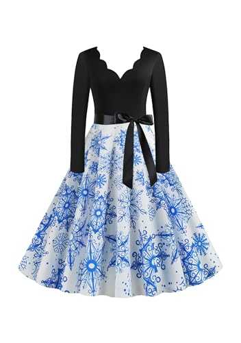 EFOFEI Women Hepburn Long Sleeve Dress Christmas Line Up Dress Cocktail Party Evening Dress Knee-Length Dress