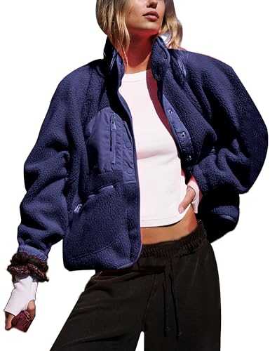 APAFES Women's Cropped Sherpa Lined Fleece Jacket Winter Warm Button Down Fuzzy Coats Shacket Outerwear with Pockets