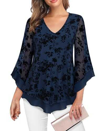 Lotusmile Womens Dressy Blouse Double Layers Mesh Shirt Ruffle 3/4 Flared Sleeve Tunic Tops