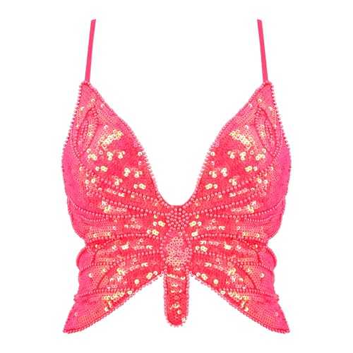Mocure Womens Glitter Sequin Butterfly Crop Top Low-Cut Tank Top Rave Tube Vest Top for Belly Dance Costume Outfits