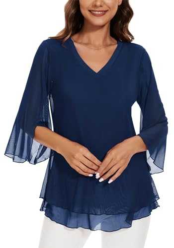 Actcat Women's Blouse 3/4 Sleeve Floral Tunic Shirt Elegant Double Layered V-Neck Top Mesh Loose Shirt Ladies Blouse