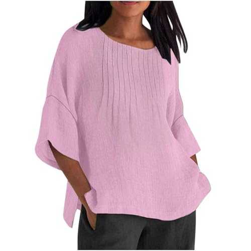 Women's Cotton Linen Shirts Pleated 3/4 Length Sleeve Shirt Casual Crew Neck Solid Color Blouse 2025 Summer Fashion Plus Size Tops Dressy Comfy Loose Fit T-Shirt Lightweight Going Out Tee