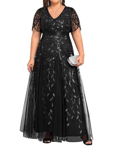 Pinup Fashion Plus Size Formal Dresses - Evening Gowns Wedding Sequin Embroidery V-Neck Prom Long Dress