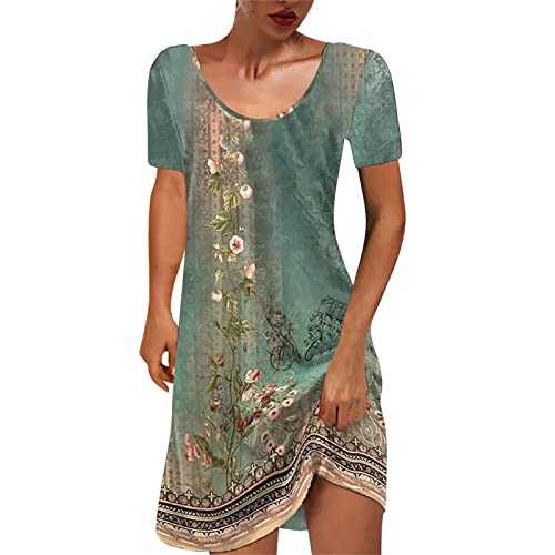 AMhomely Summer Dresses for Women UK Clearance Casual Dresses Boho Floral Print Mini Dress Short Sleeve T Shirts Dresses Crewneck Vintage A-Line Flowy Beach Dress Vacation Casual Outfits