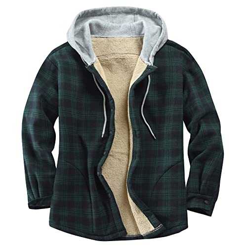 Derbars Men's Cotton Plaid Shirts Jacket Fleece Lined Flannel Shirts Sherpa Button Down Jackets with Hood for Men