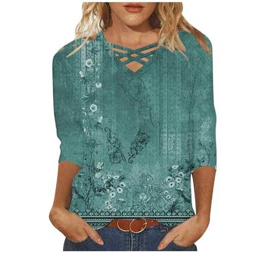 Women Fashion Tops UK Summer 3/4 Sleeve Criss Cross V Neck Shirts 2024 Casual Floral Print Blouses Plus Size Tops Ladies Elegant Tunic Tops Dressy Comfy Going Out Tee Shirts