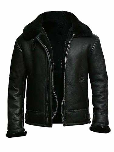 Mens Sheepskin Shearling B3 Bomber Leather Jacket Black Aviator Coat WW2
