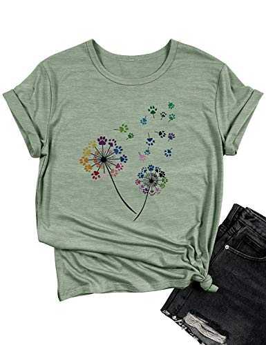 OUNAR Women T-Shirts Colorful Dandelion Cute Paw Print Tees Butterfly Mom of Boys Blouse