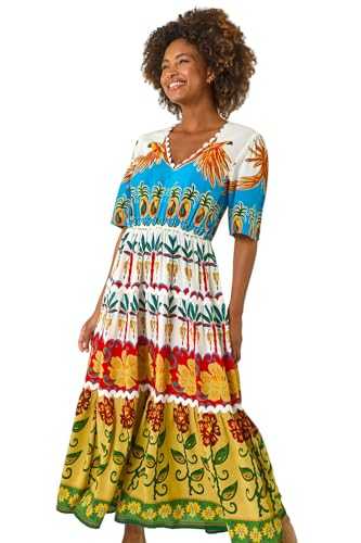 Roman Originals Tropical Print V-Neck Maxi Dress for Women UK - Ladies Everyday Holiday Spring Summer V-Neckline Comfy Soft Evening Vacation Work Party