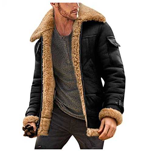 Men's Sheepskin Jacket Vintage Winter Warm Long Sleeve Sherpa Lined Padded Thicken Parka Jacket Lapel Collar Long Sleeve Fur Leather Jacket Cashmere Shearling Coat